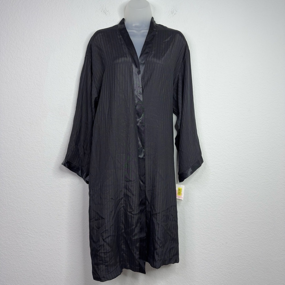 Cruz‎ Natori Robe Womens L Black Satin Striped Romantic Sleepwear Whimsigoth Spa